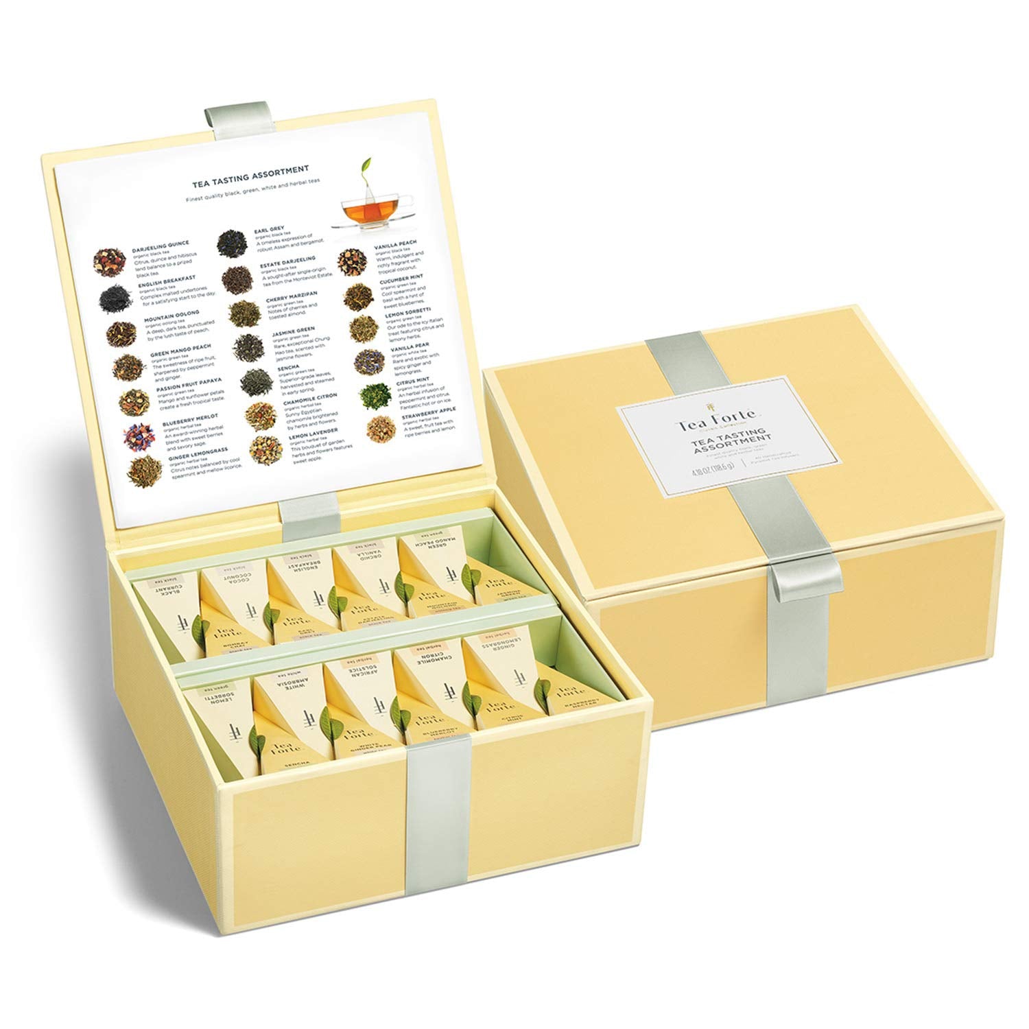 Tea Tasting Assortment Premium Tea Chest Gift Sampler, 40 Count, 2 of Each Variety Blend Individually Wrapped Handcrafted Pyramid Infuser Bags