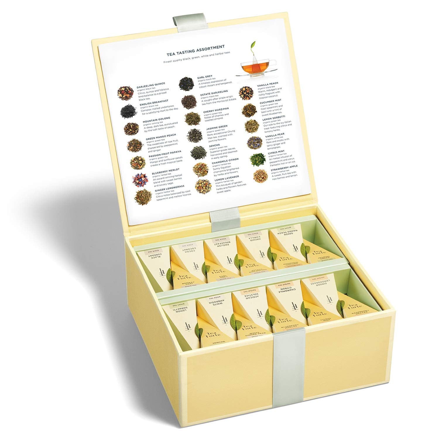 Tea Tasting Assortment Premium Tea Chest Gift Sampler, 40 Count, 2 of Each Variety Blend Individually Wrapped Handcrafted Pyramid Infuser Bags