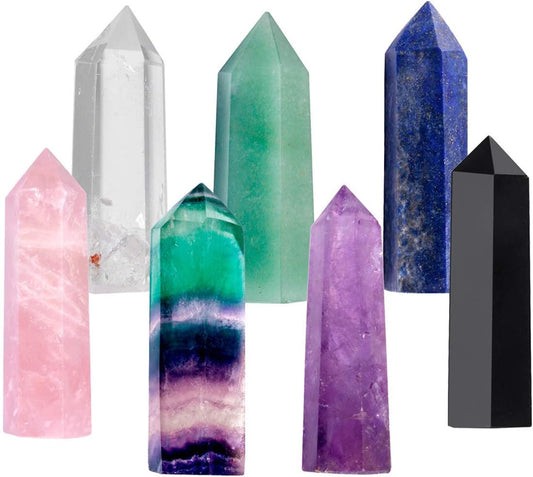 7 PCS Healing Crystal Wands 2" Amethyst, Rock Quartz, Rose Quartz, Black Obsidian, Lapis Lazuli, Green Aventurine, Rainbow Fluorite 6 Faceted Reiki Stone for Meditation Therapy Decor