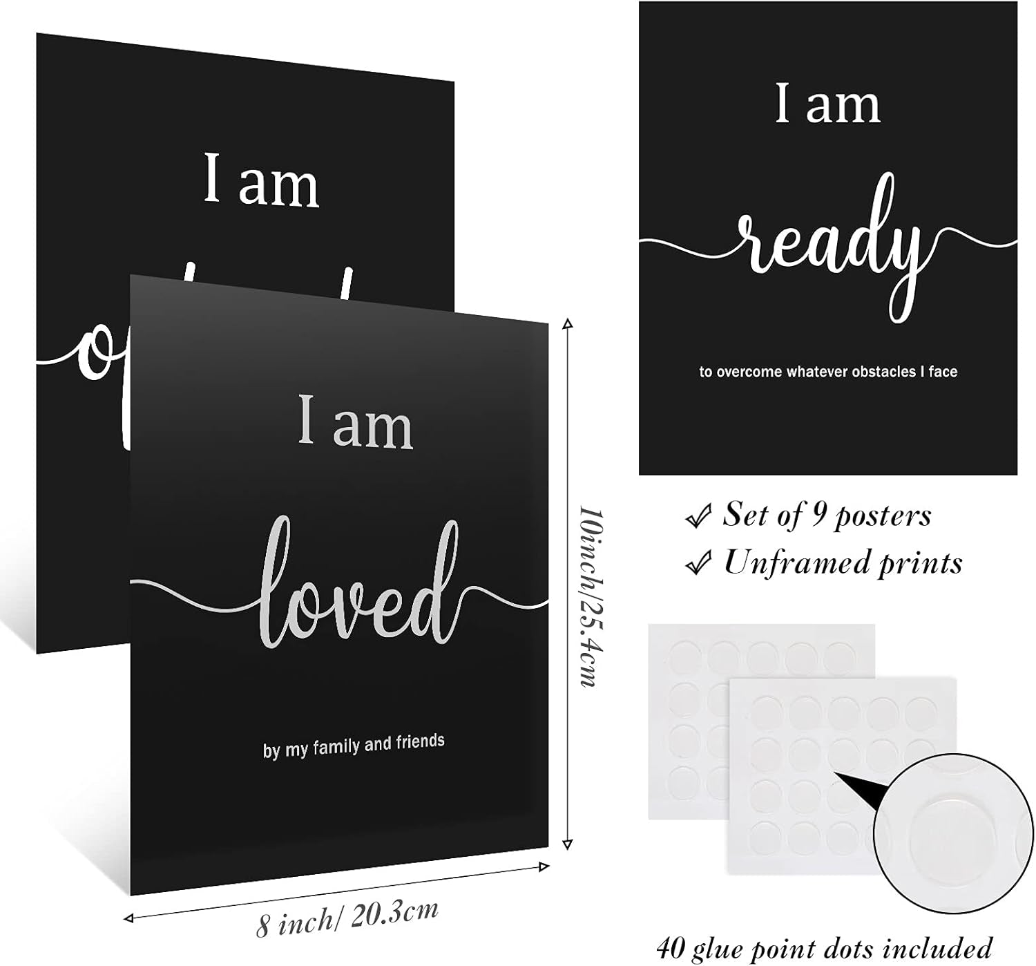 9 Pieces Inspirational Motivational Wall Art Office Bedroom Wall Art,Daily Positive Affirmations for Men Women Kids Inspirational Positive Quotes Sayings Decor(Black)