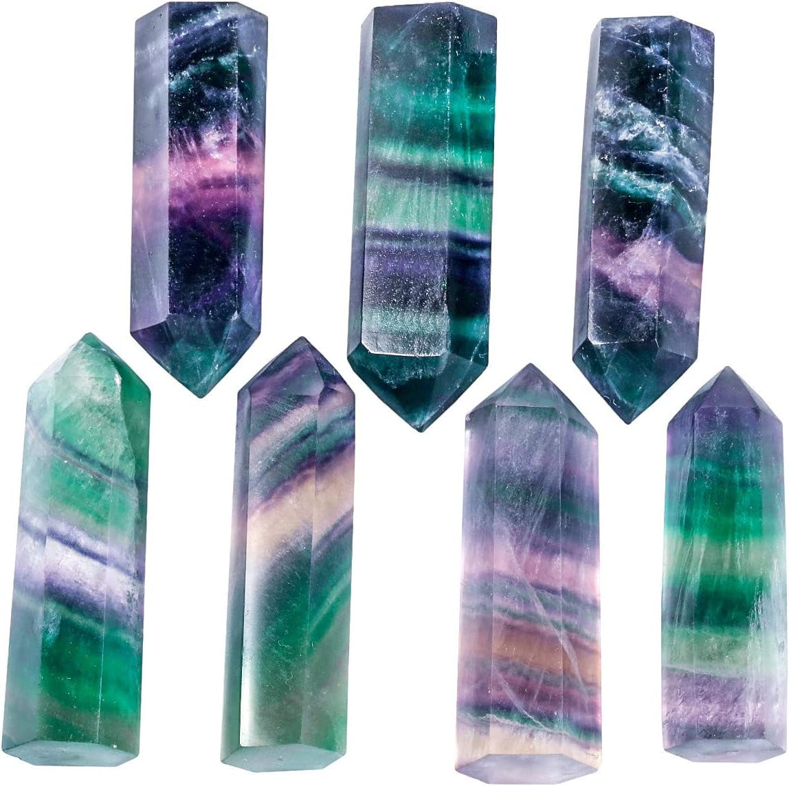 7 PCS Healing Crystal Wands 2" Amethyst, Rock Quartz, Rose Quartz, Black Obsidian, Lapis Lazuli, Green Aventurine, Rainbow Fluorite 6 Faceted Reiki Stone for Meditation Therapy Decor