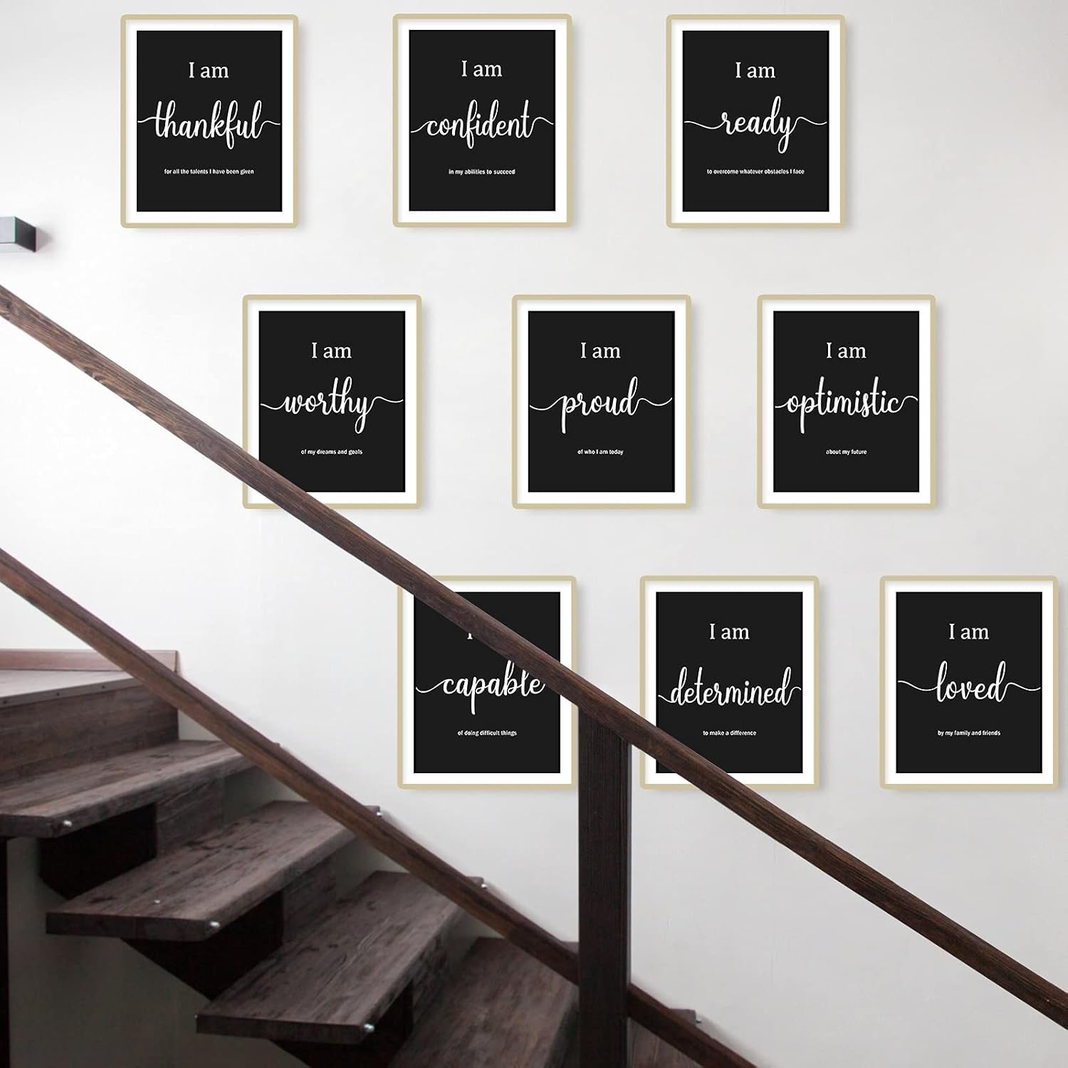 9 Pieces Inspirational Motivational Wall Art Office Bedroom Wall Art,Daily Positive Affirmations for Men Women Kids Inspirational Positive Quotes Sayings Decor(Black)