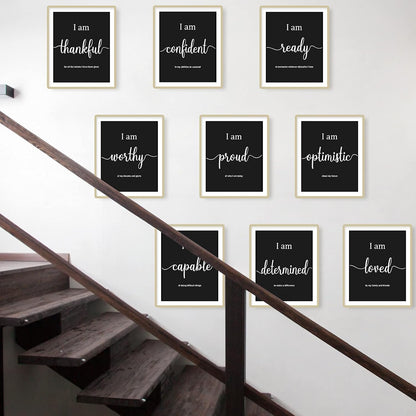 9 Pieces Inspirational Motivational Wall Art Office Bedroom Wall Art,Daily Positive Affirmations for Men Women Kids Inspirational Positive Quotes Sayings Decor(Black)