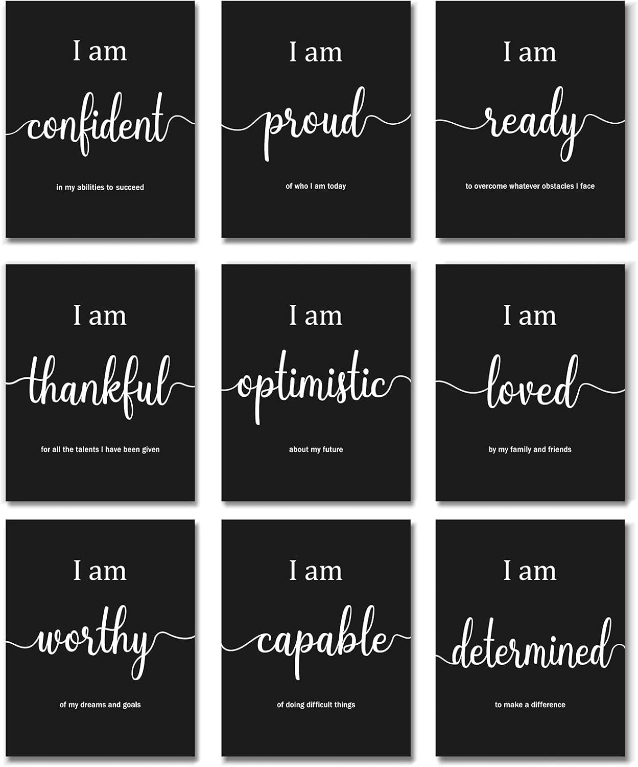 9 Pieces Inspirational Motivational Wall Art Office Bedroom Wall Art,Daily Positive Affirmations for Men Women Kids Inspirational Positive Quotes Sayings Decor(Black)