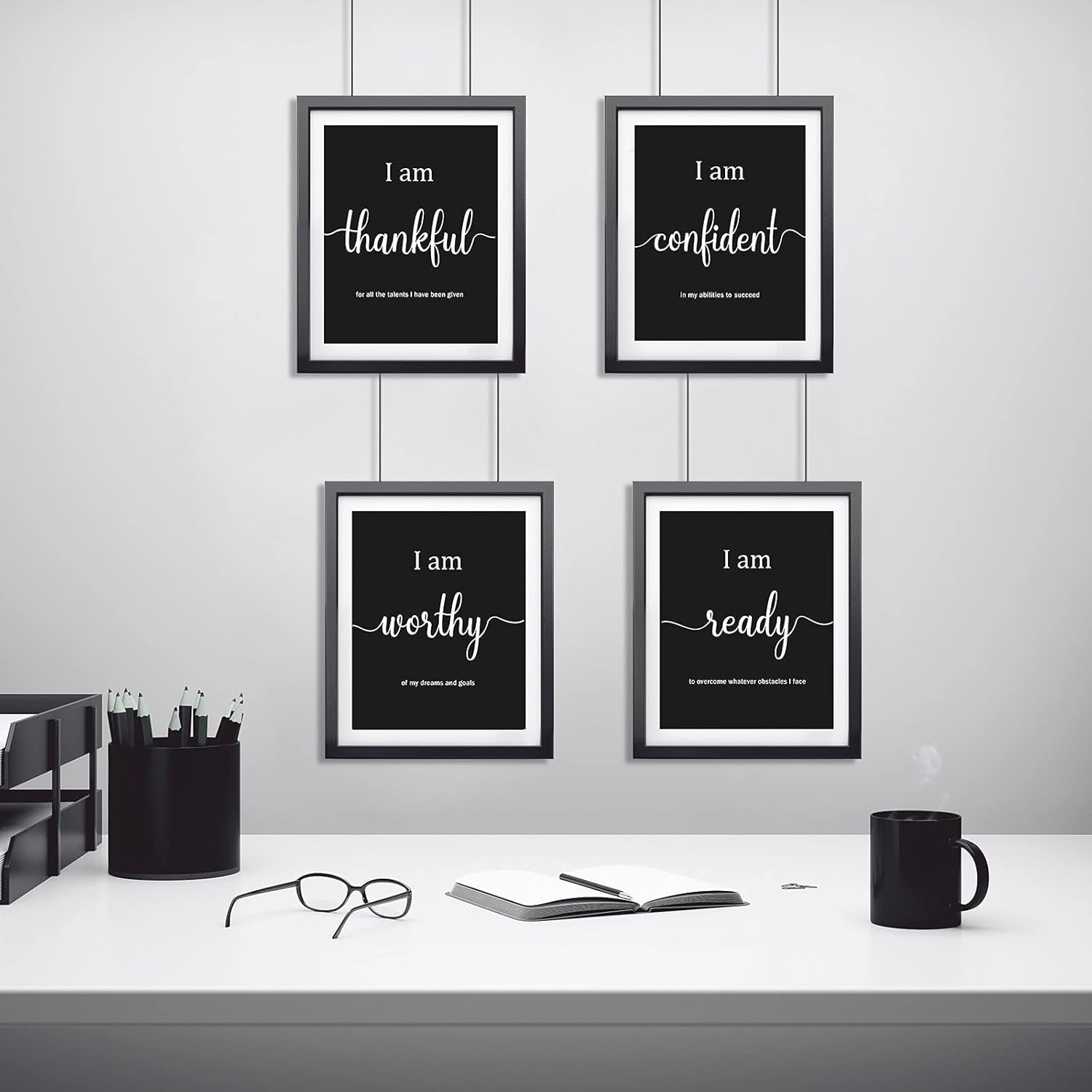 9 Pieces Inspirational Motivational Wall Art Office Bedroom Wall Art,Daily Positive Affirmations for Men Women Kids Inspirational Positive Quotes Sayings Decor(Black)